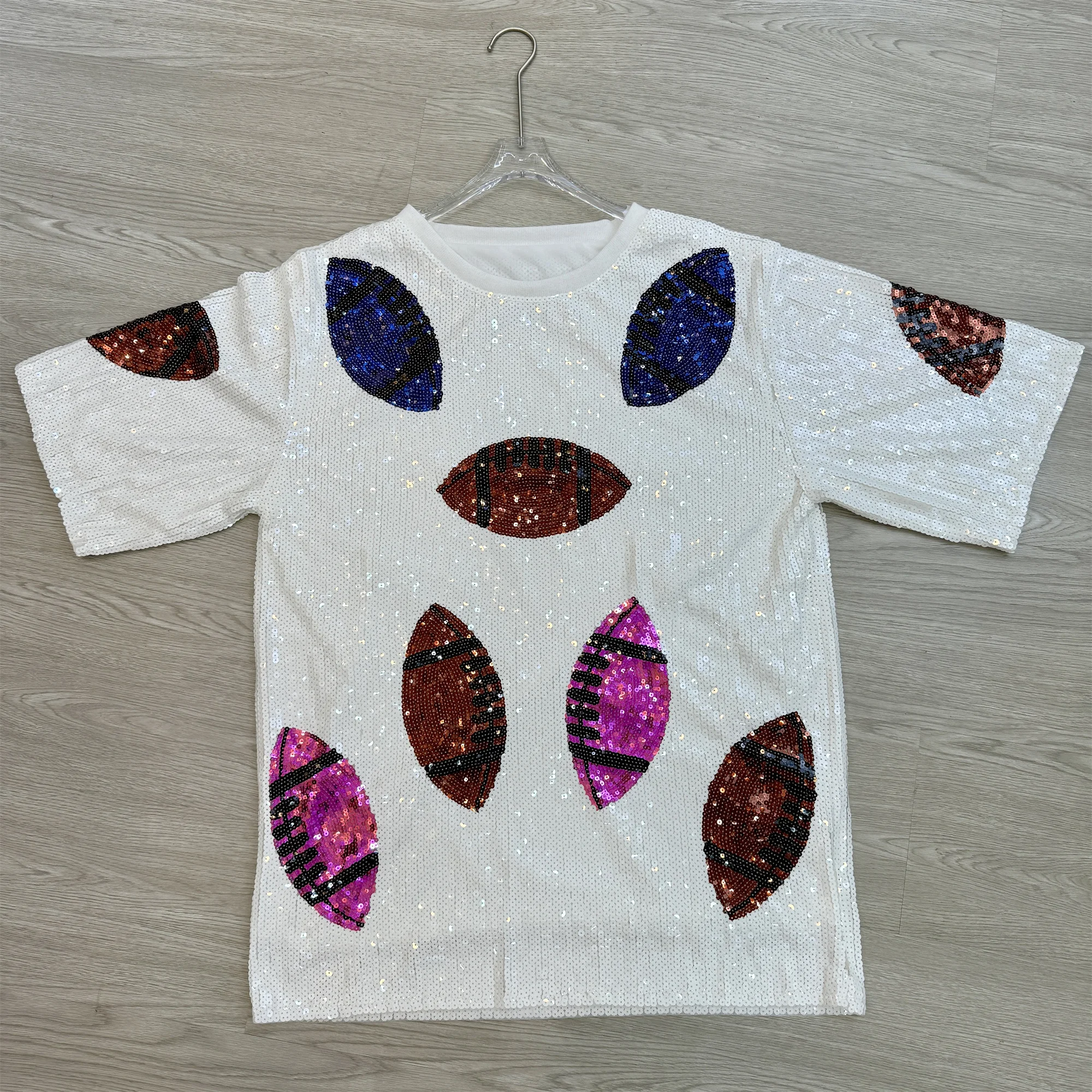 woman Wholesale Custom Game Day Football Sequin Iron On Patch Apparel club Top T-shirt Tshirt clothing Shirt dress for women