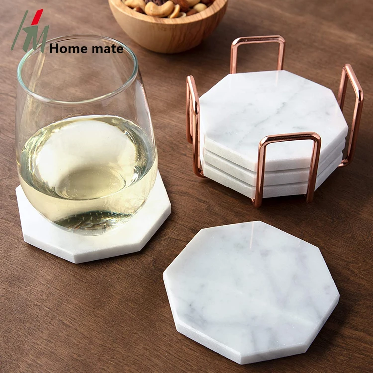 Nautral White Stone Marble Style Absorbent Coaster Sets Drink Coasters with Holder