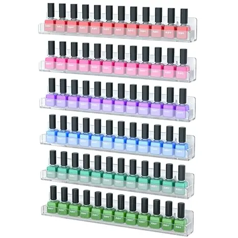 6 Pack Acrylic Clear Nail Polish Wall Mounted Holder, Nail Polish Shelf with Removable Anti slip End Inserts for Store/Bathroom