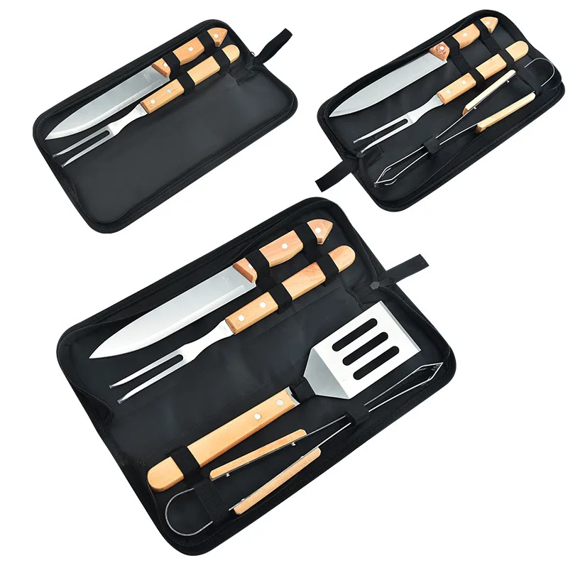 Hot Selling 3PCS Wooden Handle Stainless Steel Camping Picnic Barbecue Tool Set With Carry Bag Barbecue Accessories Set