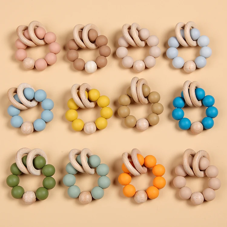 20mm High Quality Silicone Beads Teething Chew Toy Baby Wooden Teether Ring Soft Toy 9*7.5*4cm DL13-034 Eco Friendly CN;GUA 55g