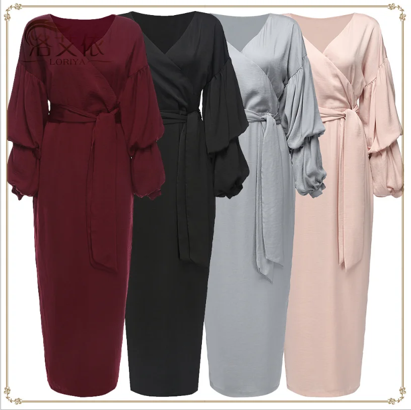 Satin Bandage Abaya Dubai Turkey Hijab Muslim Dress India European American Islam Clothing Dresses