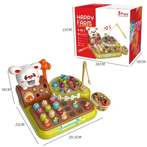 4 In 1 Funny Farm Baby Toy Fine Motor Board Game Hammer Whack-a-Mole Montessori Educational Magnetic Fishing Toys Set