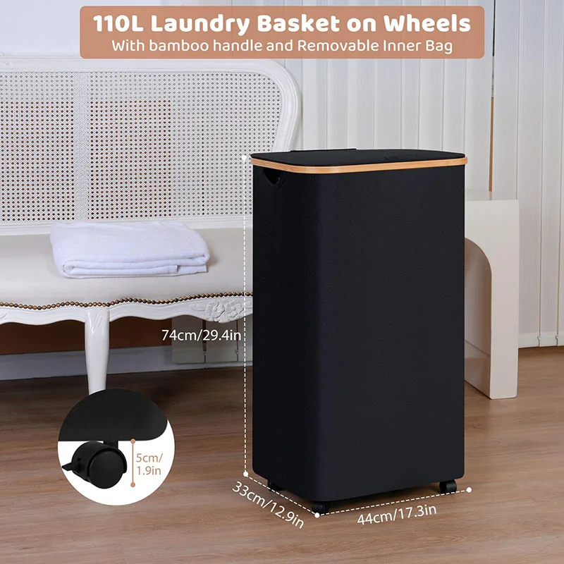 Large Portable Clothes Hamber Rolling Laundry Basket With Lids Wheels and Removable bag
