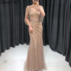 Serene Hill Gold Mermaid V Neck Sexy Evening Dresses Long 2021 Beading Beautiful Dinner Party Wear Gowns For Women LA70910