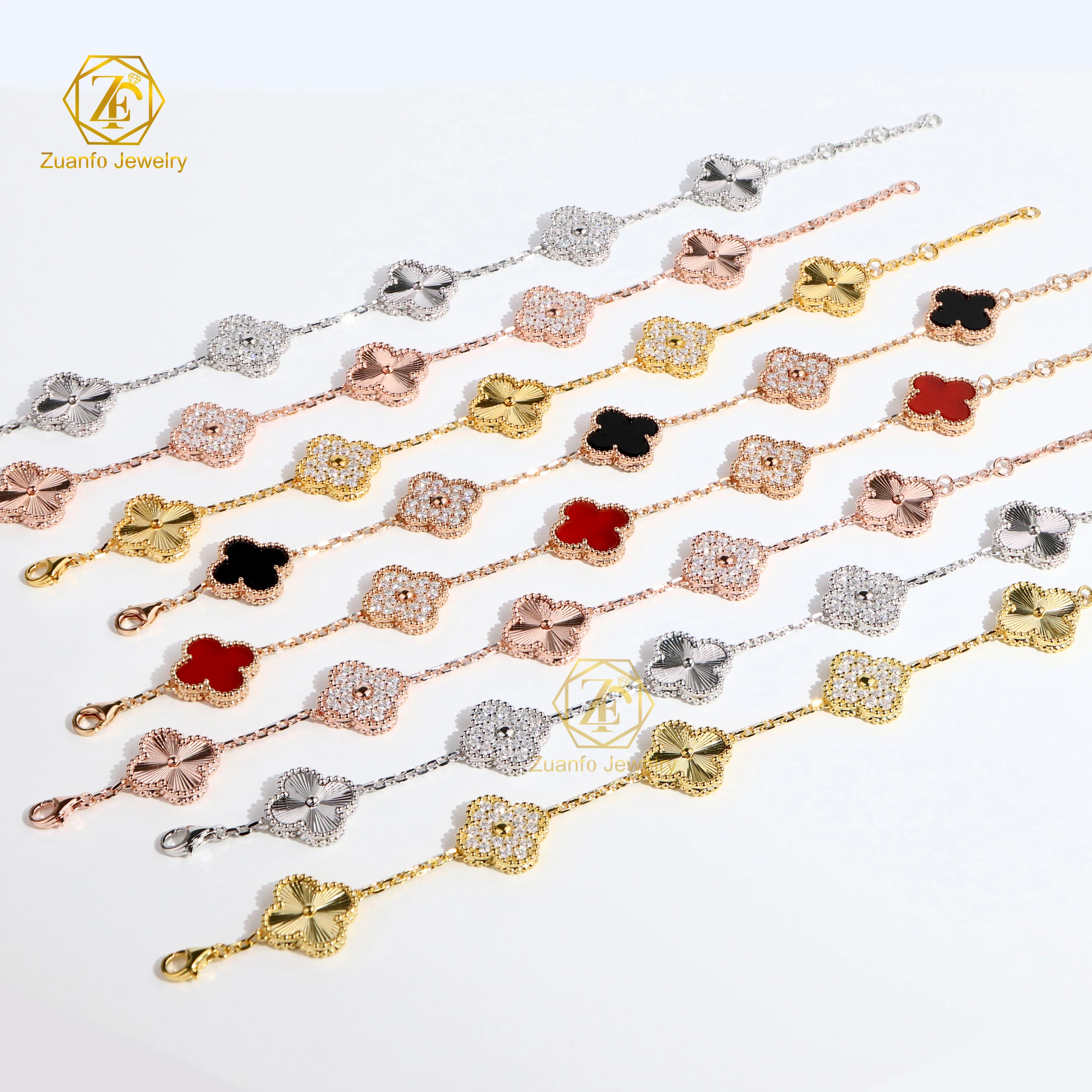 Christmas gifts natural red agate VVS D moissanite diamond 925 sterling silver lucky four leaf cover bracelet for girl and lady