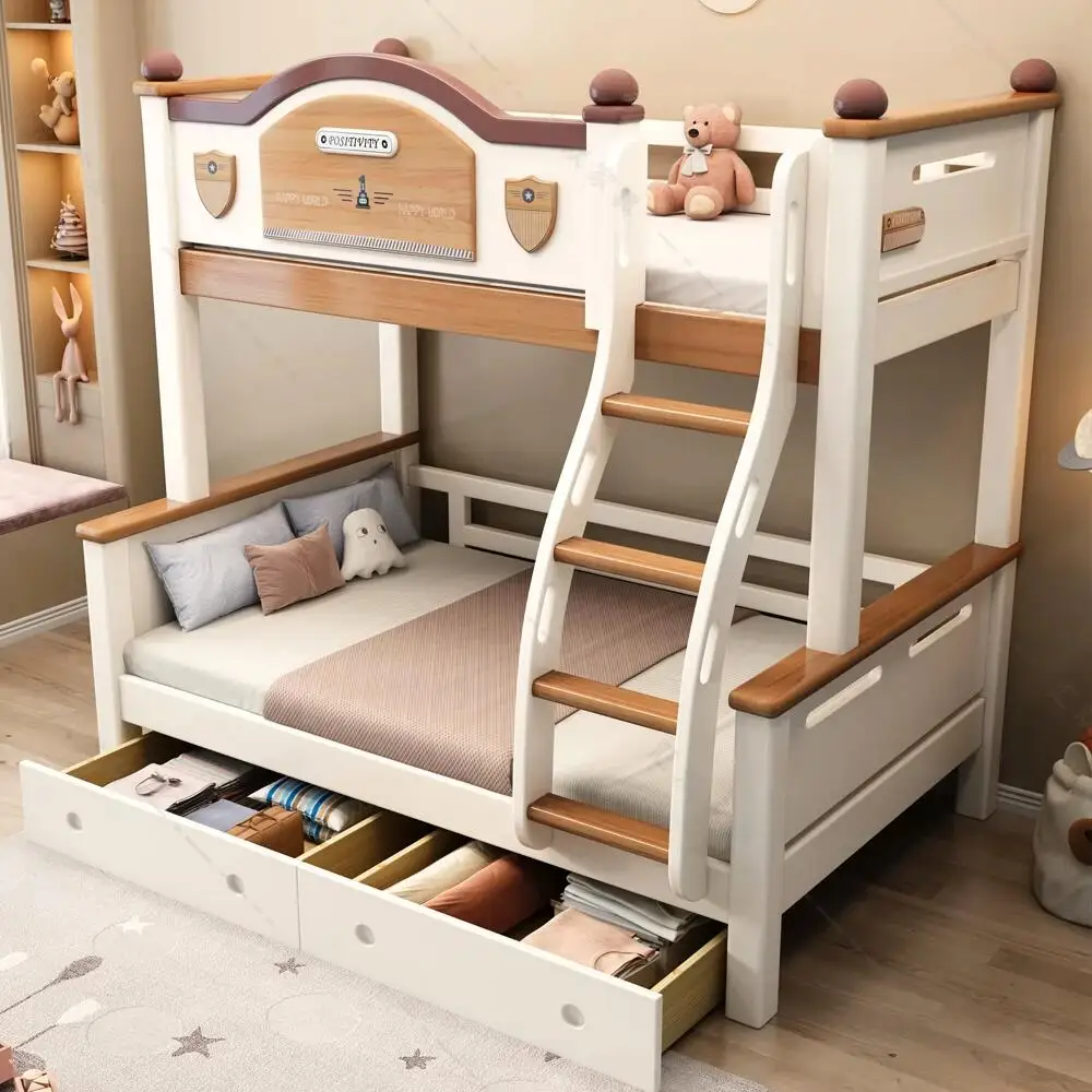 Space-Saving Solid Wood Bunk Bed A practical choice for bedrooms this high and low bunk bed features a two-story combination des