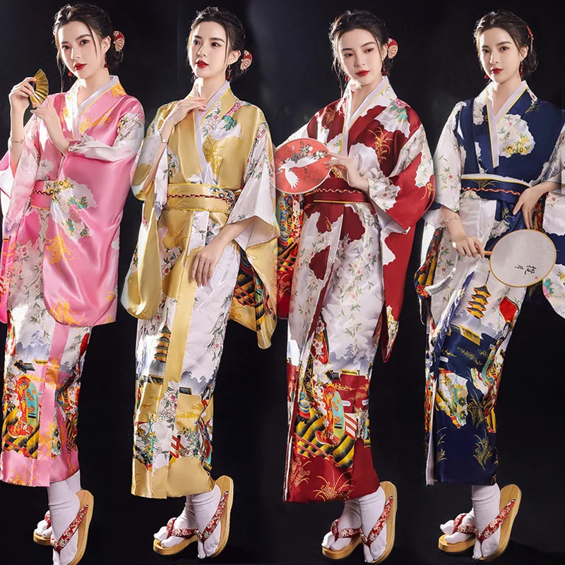 Woman Lady Japanese Tradition Yukata Satin Kimono With Obi Flower Vintage Evening Dress Cosplay Costume One Size