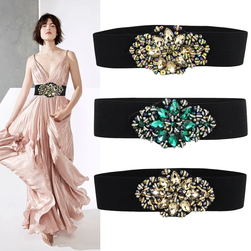 Women Crystal Belt Elastic For Dress, Ceinture Dame Chic, Rhinestone Studded Preium Belts