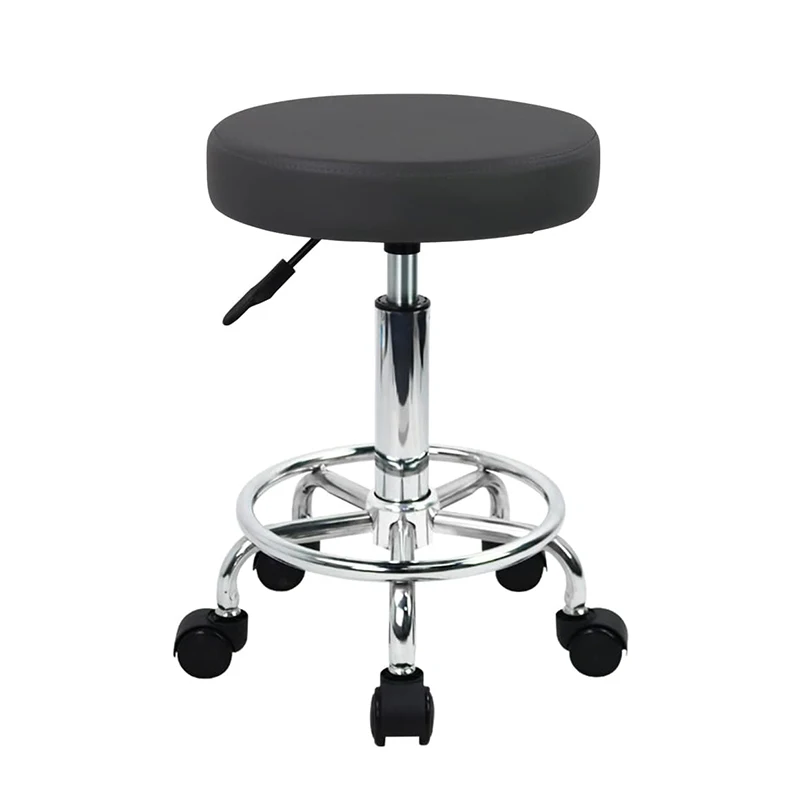 Round Rolling Stool with Footrest PU Leather Height Adjustable 360 Swivel Stool with Wheels Office Stool Chair