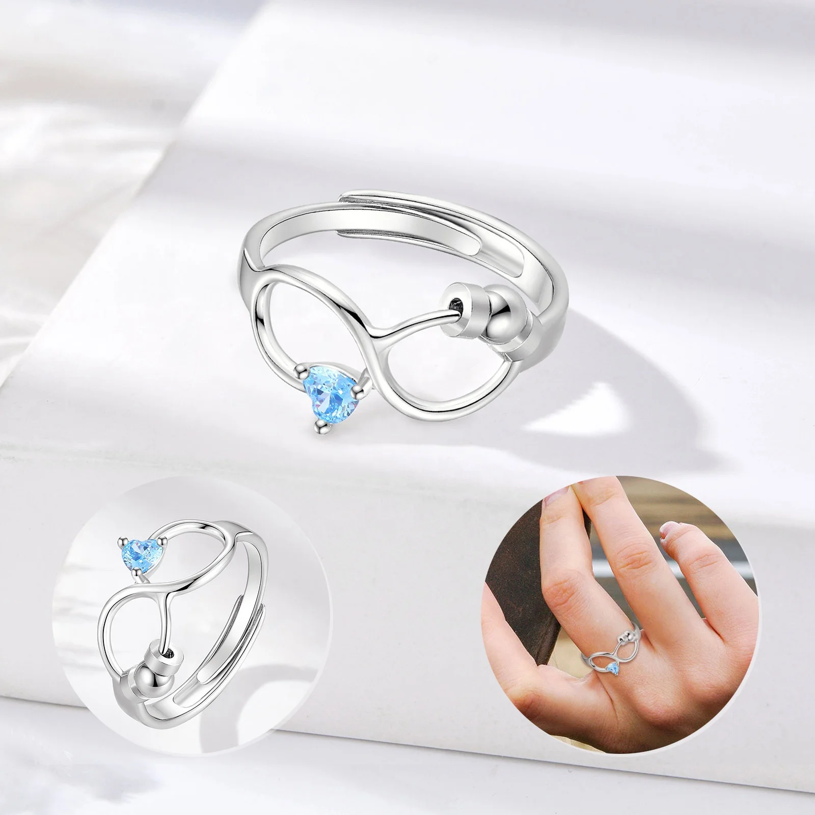 Fashion Jewelry Adjustable Size Rotatable Beaded Rings Relief Fidget Anti Anxiety Resizable Ring for Women