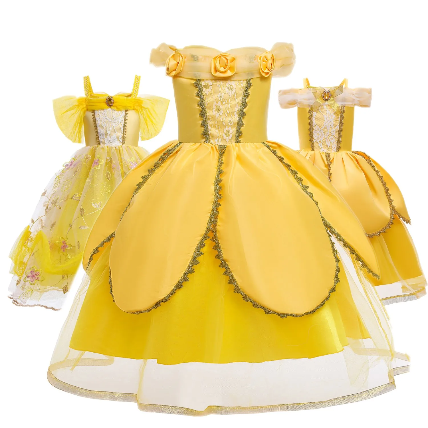 NEW Designs 3-10 Years Girls Belle Dress Off Shoulder Princess Halloween Costume Beauty and The Beast Cosplay Girls Prom Dress