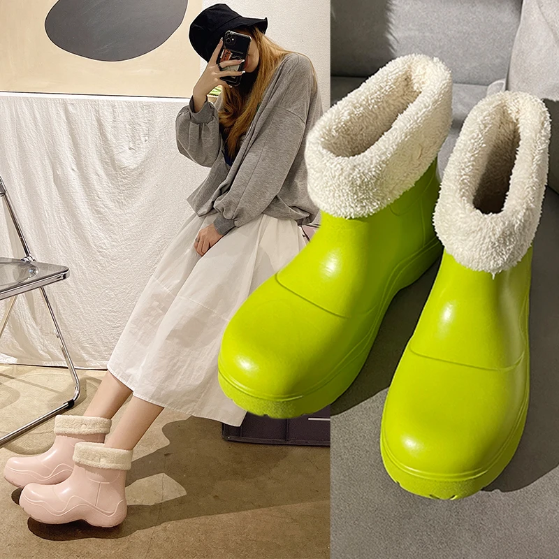 terry fleece inside fur boots jelly ankle eva rain boots woman waterproof fashion ladies shoes with fur