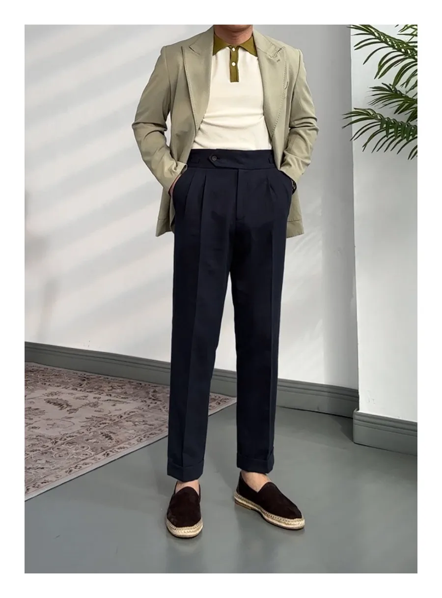 Italian Straight Cotton and Linen Pants Naples High-waisted Vintage Gentry Breathable Casual Pants for Men Spring