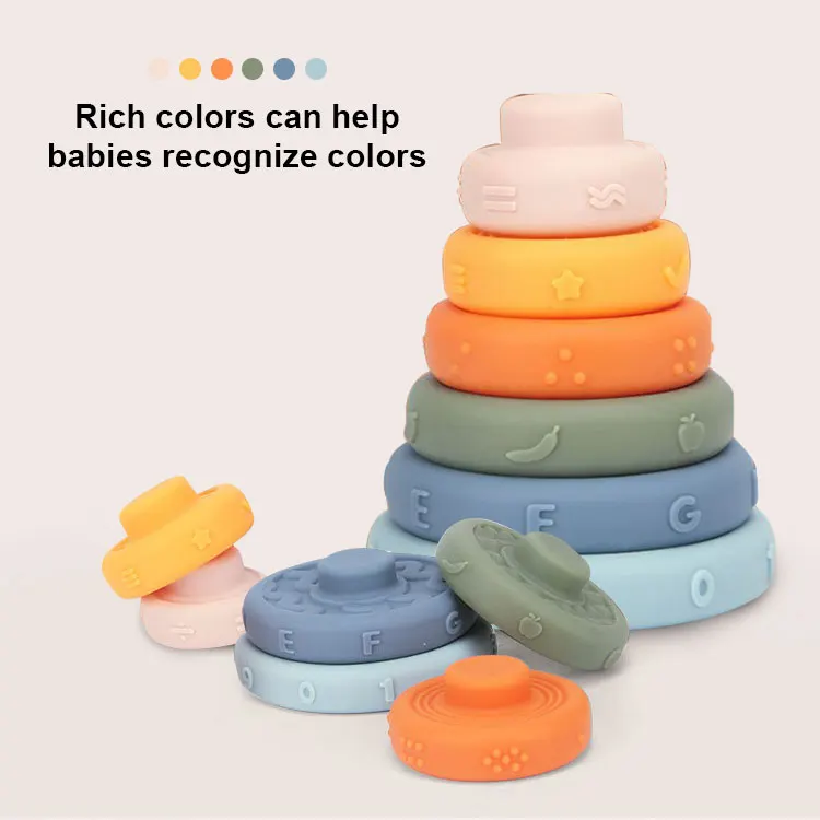 6 Pcs Early Educational Toys Practice Grab BPA Free Blocks Christmas Gift Relief Soft Stacking RingsToy Silicone Teether