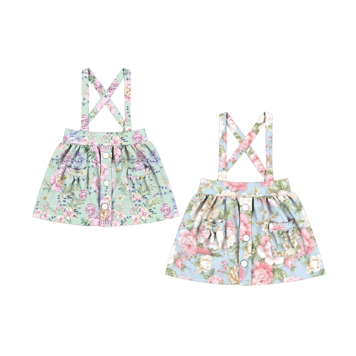 BQ-370-HXN Girls Kids a Line Cute 2 Pockets Skirt with Suspender Floral Print Front Buttons Dress