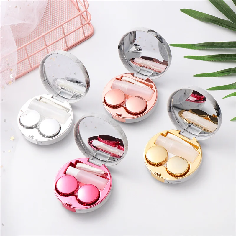 Portable Marble Pattern Surface Contact Lens Case Round Mirror Cover Travel Container Holder
