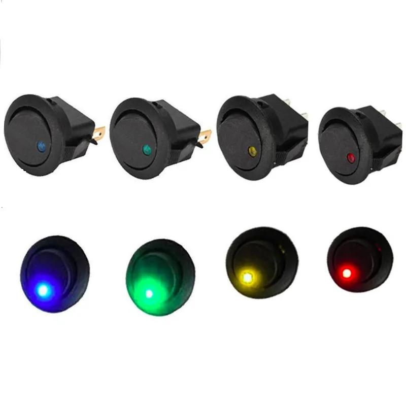 Kcd1 3 Pin Round Car Switch 12V 20A Led Rocker Switch Waterproof Push Button Switch Spst Red,Yellow,Blue,Green Lighting