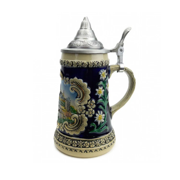 Custom High Relief Wolf Pack Retro Design German Beer Mug with Pewter Lid