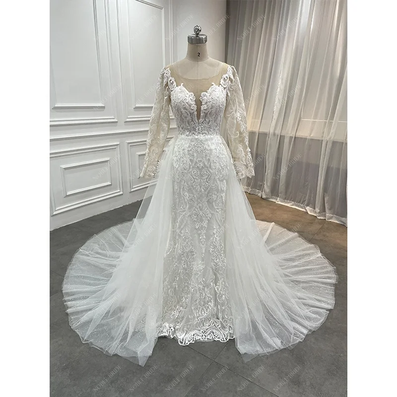 Supplier Long Sleeve Plunging V African Lace Wedding Dress Women Elegant Modest Mermaid Bridal Ivory Gown with Detachable Train