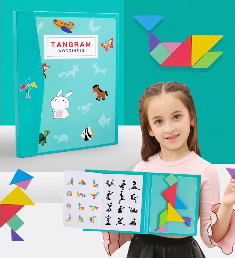 Hot Sale Children Educational Wooden Toys Learning Box Colorful Tangram Puzzle Magnetic