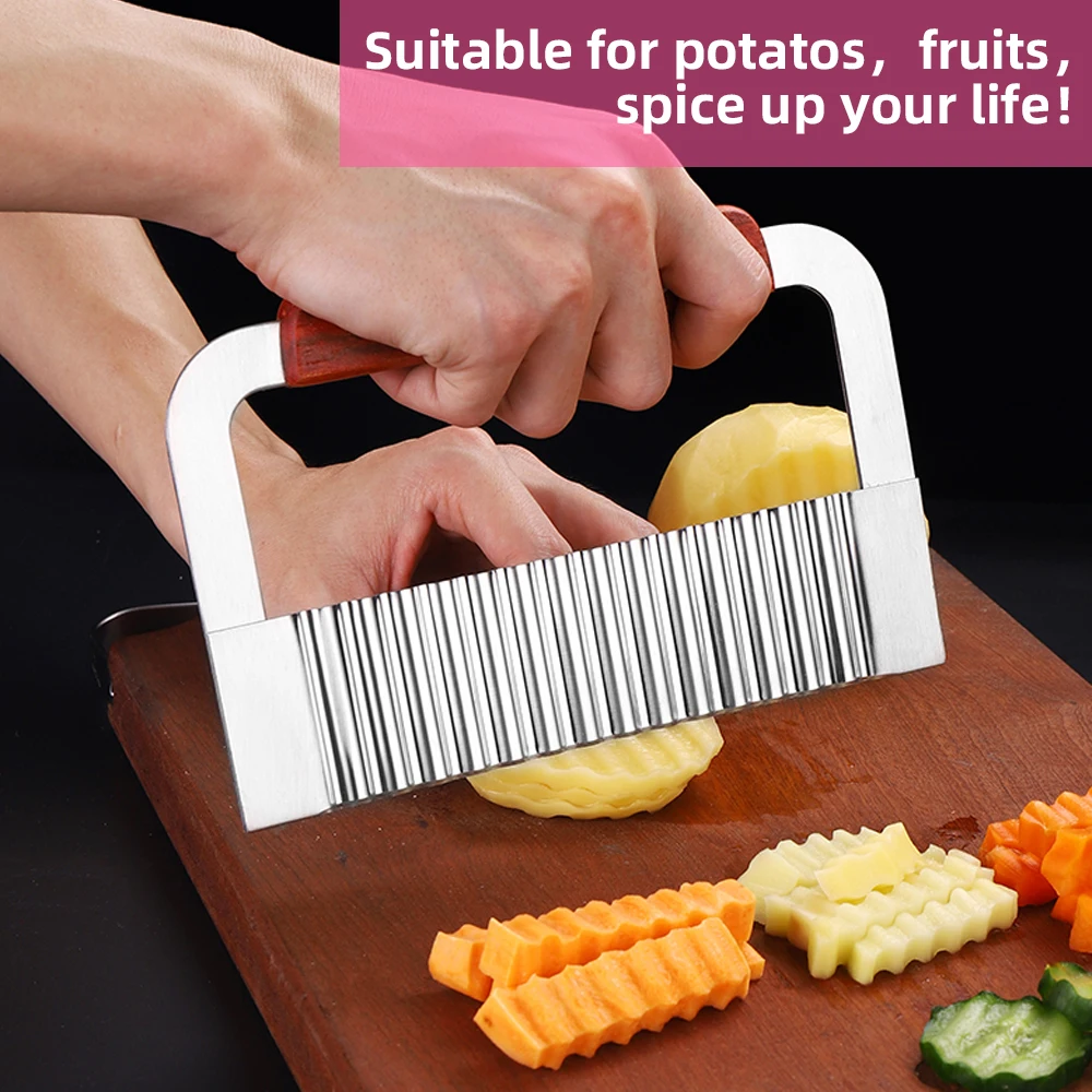 Kitchen multifunctional wood handle manual stainless steel wave vegetable fruit strip chip crinkle french fry potato cutter