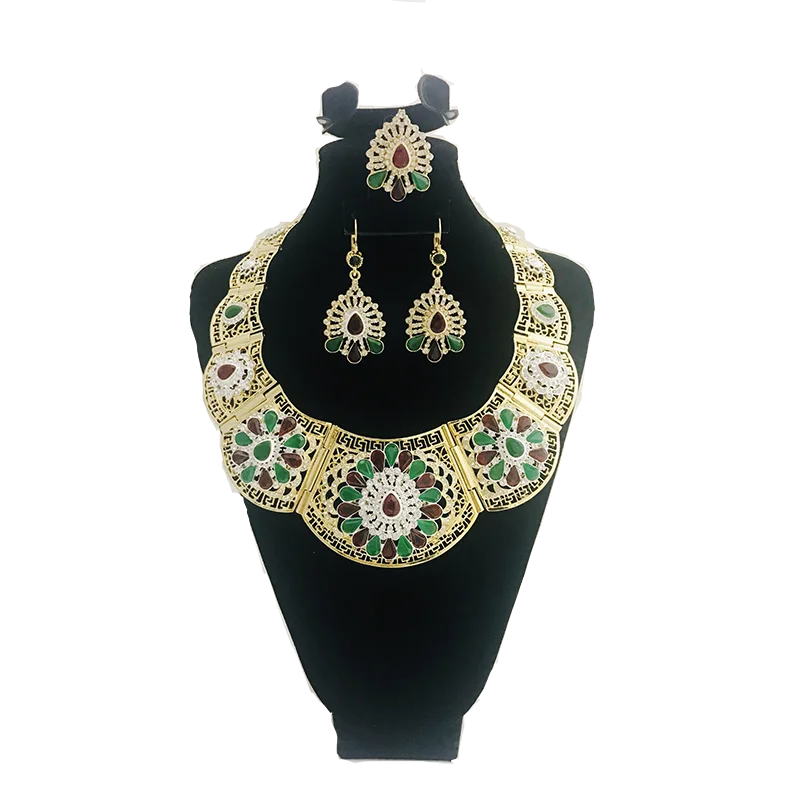 Classic selling good wedding Party jewelry set gold color crystal necklace for women Arab Muslim dress jewelry three-piece set