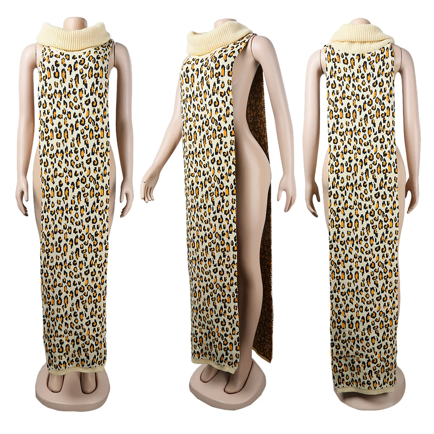 trending products 2021 new arrivals Fashion Sexy two sided split knitted fabric Leopard print sweater dress women clothing