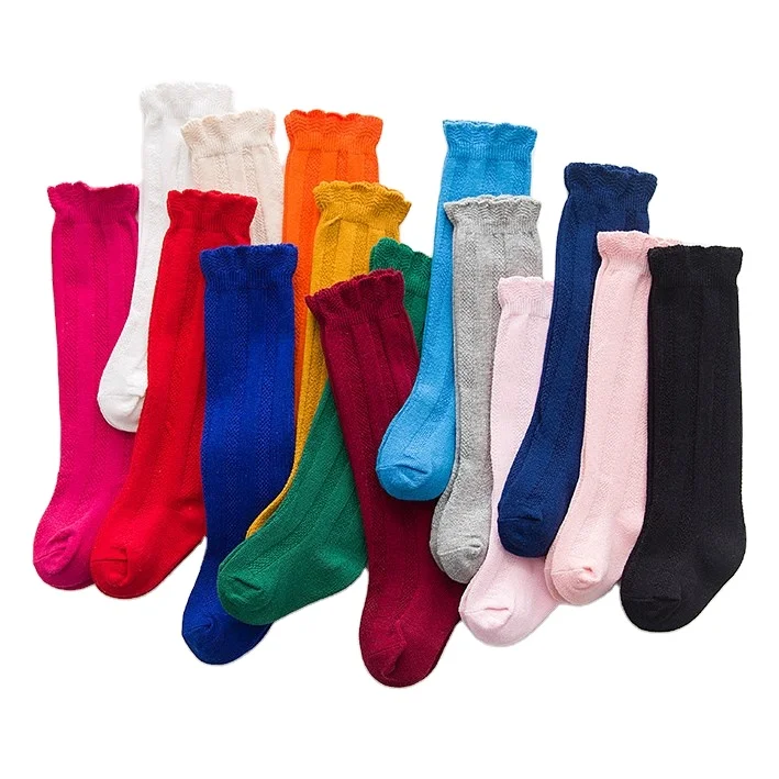 Модные длинные Нескользящие вязаные хлопковые кружевные носки на заказ, Детские однотонные носки до колена в Вертикальную Полоску