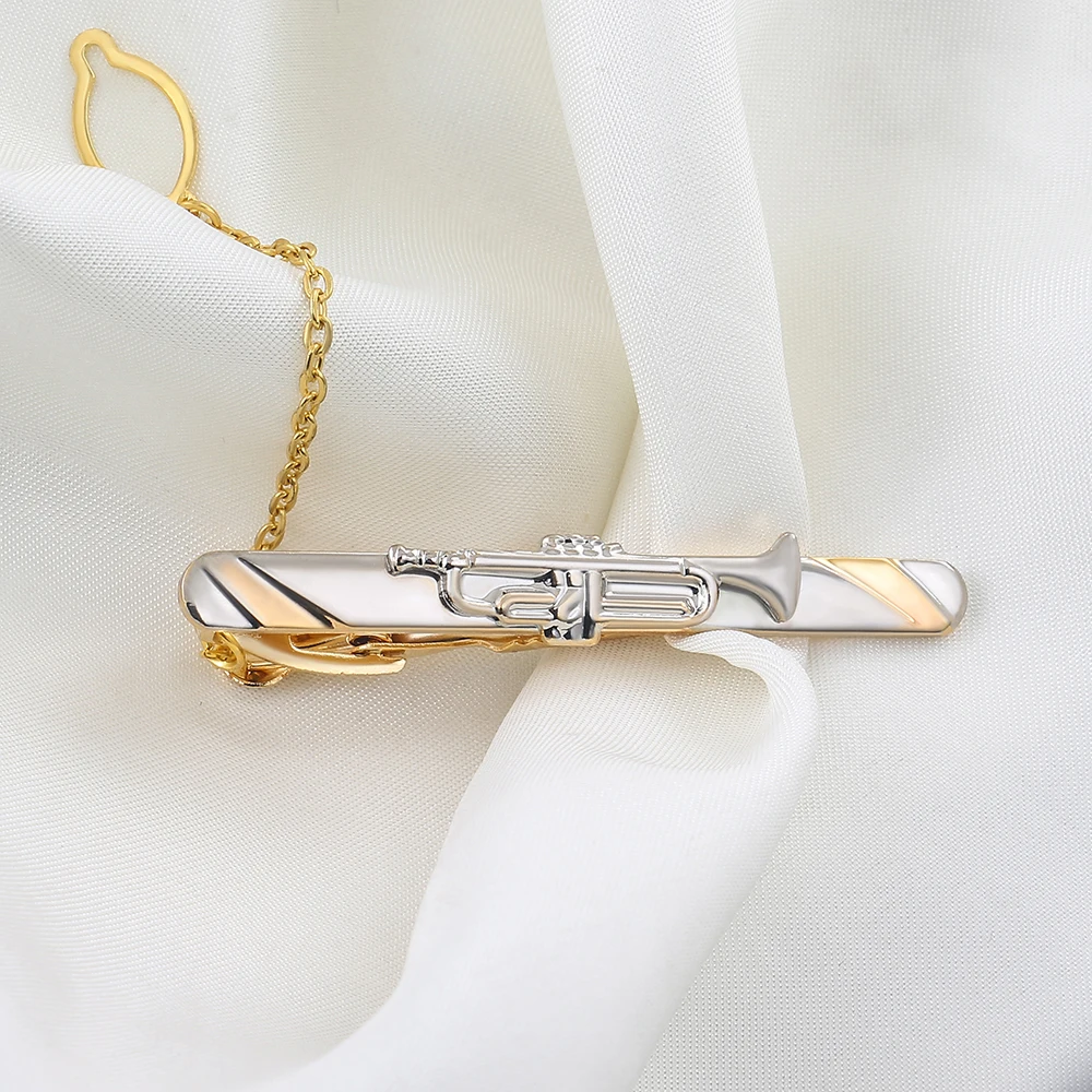 Low price French novelty gold plated musical instrument trumpet chain tie clip factory wholesale