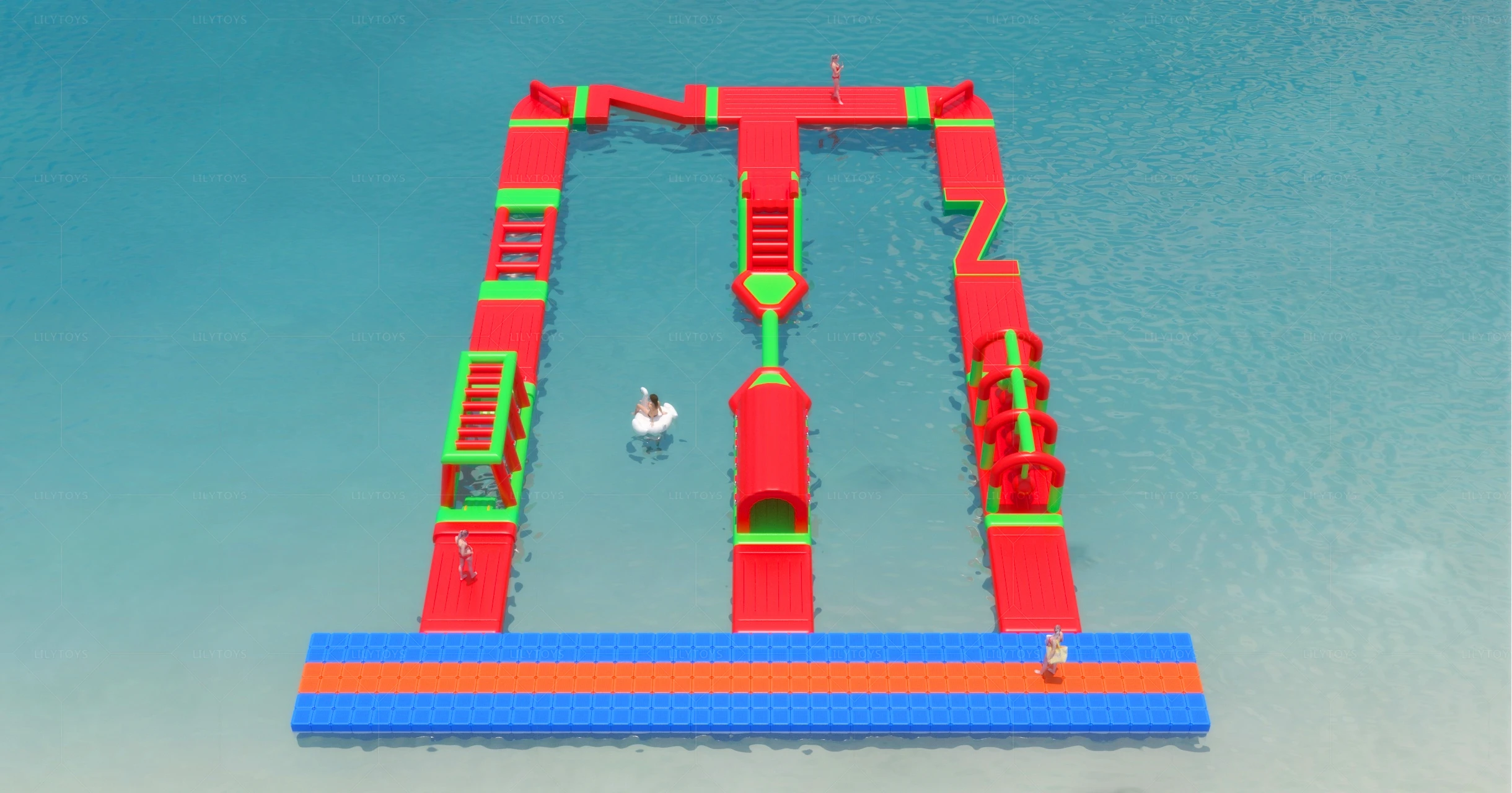 Inflatable Water Obstacle Course for Kids and Adults Featuring Floating Water Trampolines and Sport Games