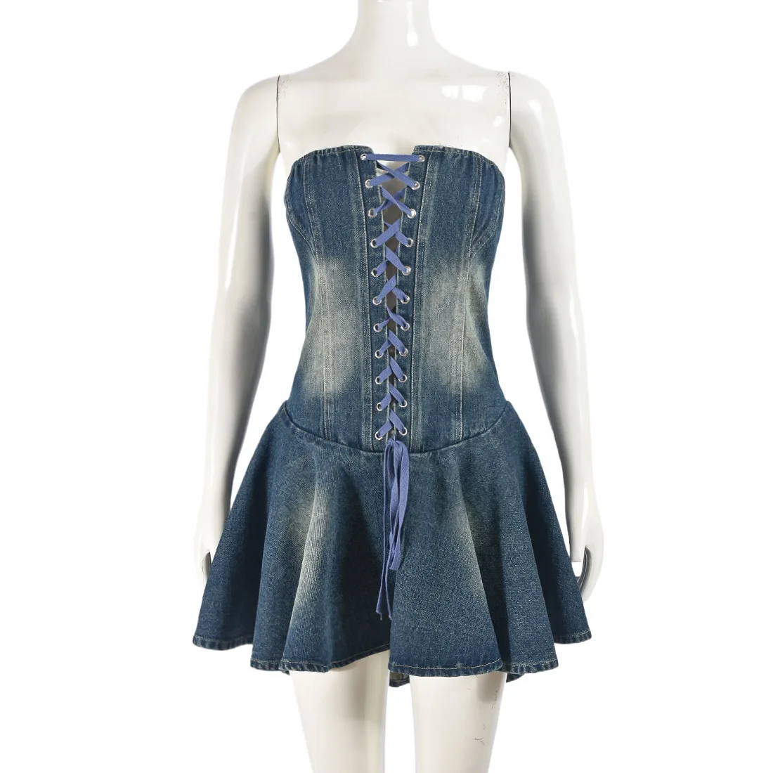 Sharee 2024 Summer Popular Sexy Jean Mini Dress Sleeveless Zipper Bandage Pleated Denim Dresses Women