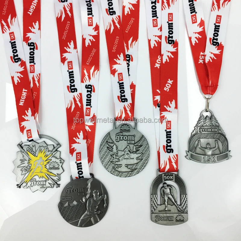 3D Custom Antique Brass Ski Sports Medal Design Your Own Logo with Sublimation Ribbon Metal Pin for Souvenir Use