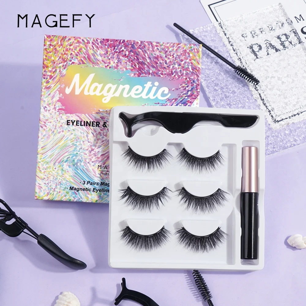 MAGEFY magnetic eyelashes wholesale newest 3 pairs pack 3d magnetic eyelashes and eyeliner set