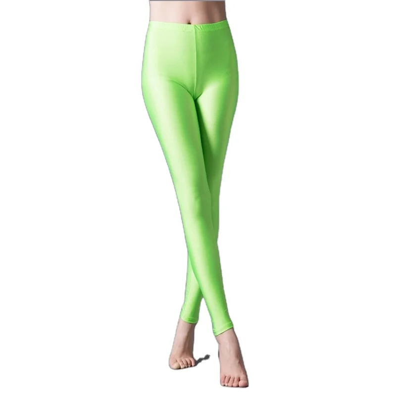 Women Sport Shiny Leggings High Waist Tights Solid Candy Neon Spandex Wear Gym Push Up Yoga Breathable New Bottom Pants