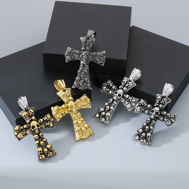 Halloween Cross Pendant Long Chain Necklace Cross Skulls Necklace Punk Jewelry Stainless Steel Cross Pendant Necklace for Men