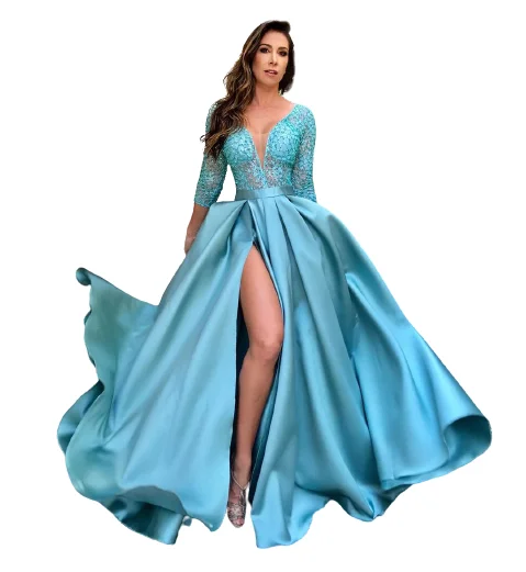 Magicmk Lace Prom Dress Robe De Soiree Party Formal Lace Satin Royal Blue Solid Color V-Neck Long Sleeve Evening Wedding Dresses