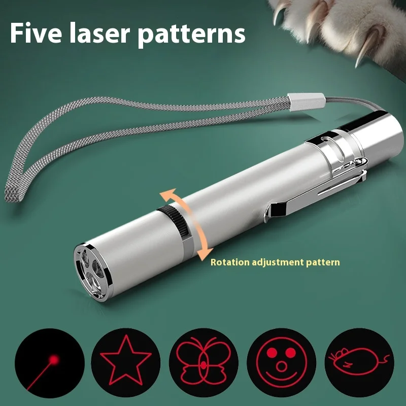7in1 Multi-Pattern Switchable Laser Pointer Funny Cat Flashlight Stainless Steel Silver Infrared Purple Light White Plastic