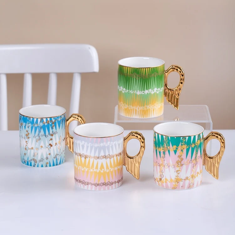 Luxury Gold Painting Angel Wing Handle Ceramic Mugs Wholesale Porcelain Mugs Coffee Cups Mugs With Real Gold Depiction