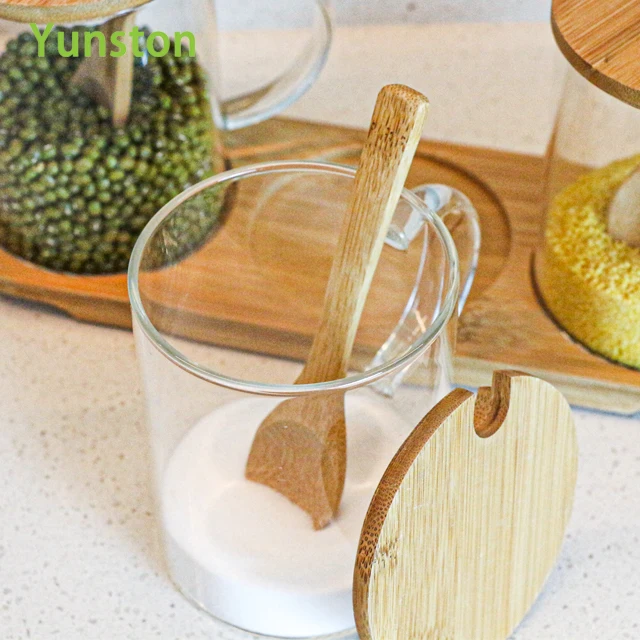 Glass kitchen jar storage set Food grade kitchen condiment jar with wooden lid and wooden spoon Kitchen spice jar with handle