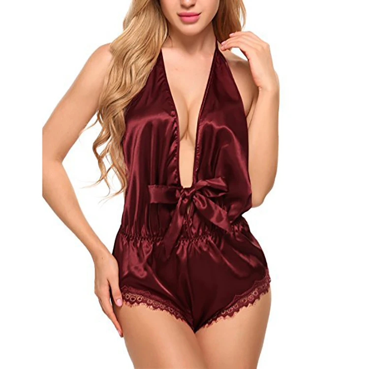 
Backless Bodysuit Young Lady Silk Satin Nightdress Sleeping Clothes Sexy Lingerie Underwear 