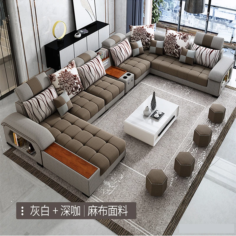 
Modern Luxury Cheap down cushion home furniture Living Room Grey wooden Frame sectional 5 seater L shape Sofa and recliner Set 