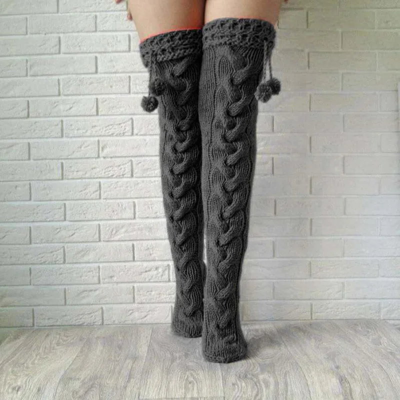 T1414 Hot selling Knitted Socks Plushball Over Knee Extended Long Socks Stacked Woolen Socks for Girls