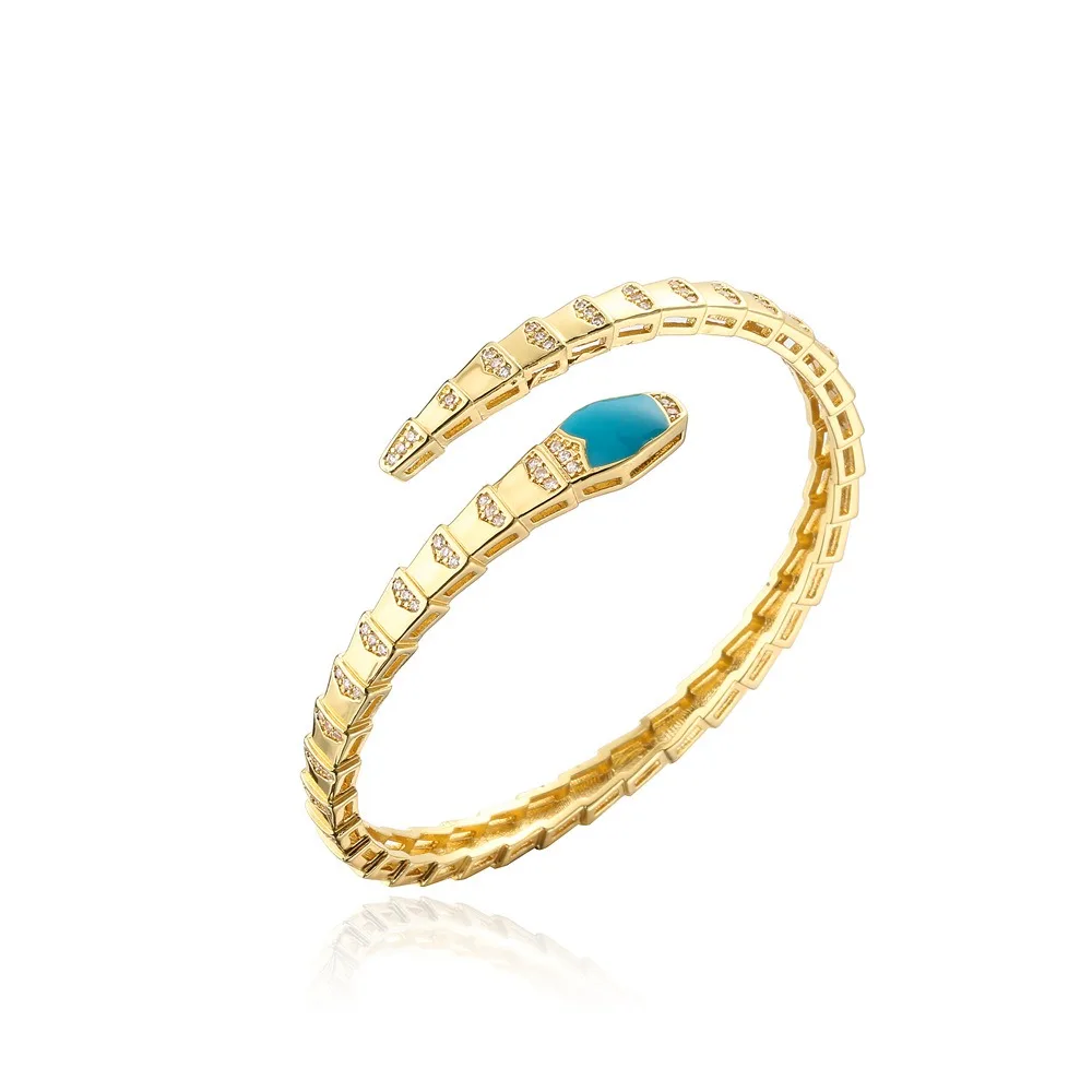Micro Pave Zircon Dripping Snake Shape Women Bangle 18K Gold Plated Colorful Enamel Snake Bone Adjustable Bracelet