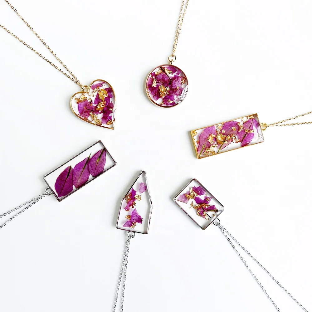 Золотые хлопья в эпоксидную смолу кадров натуральный цветочный кулон сохранены режиме реального прессованные бугенвиллеи ЛЕПЕСТОК ОЖЕРЕЛЬЕ