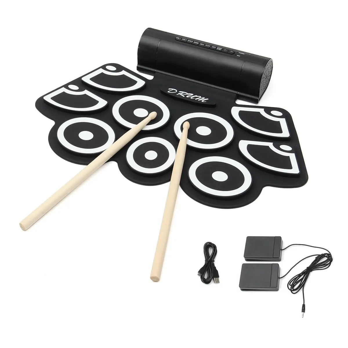 
Portable Roll up 9 Pads Electronic MIDI Drum Set with Headphone Jack Built-in Speakers Drumstick Foot Pedals 