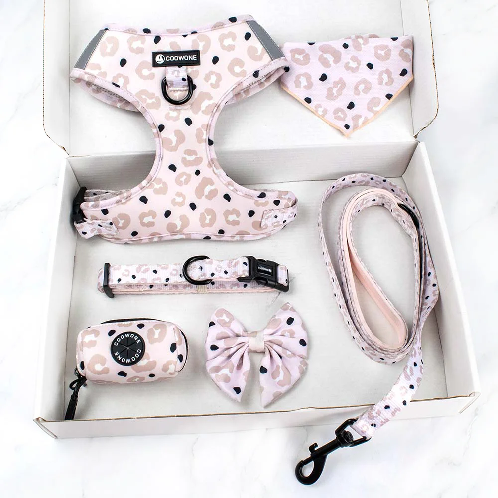 Ready to Ship Dog Harness Manufacture Soft Mesh Padded Dog Harness Bandana Bowknot Poop Bag Collar And Leash Set