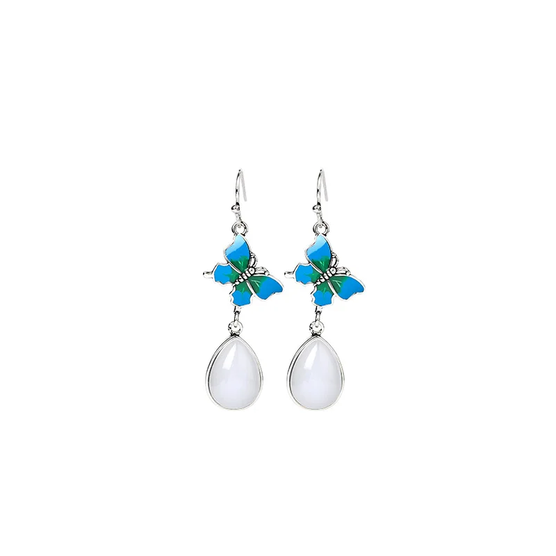 High Quality Vintage Design Enamel Thai Silver Plated Artificial Jade Butterfly Earrings for Engagement or Anniversary