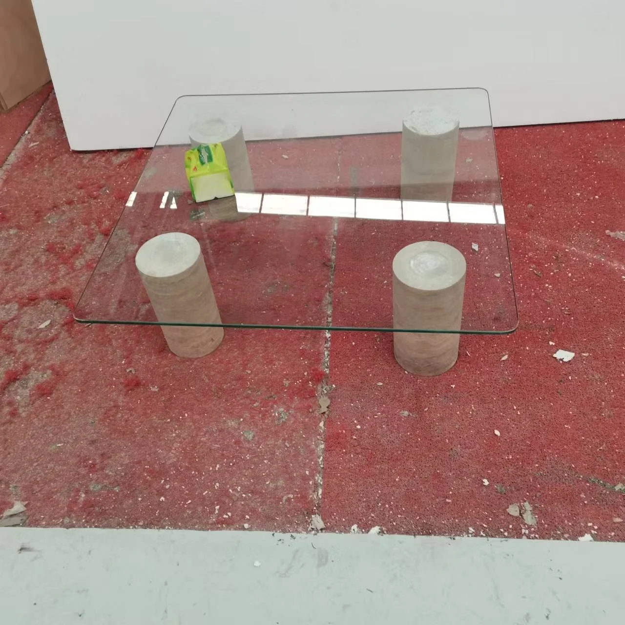 Travertine table furniture tempered glass top travertine column base tempering Glass  Coffee Table