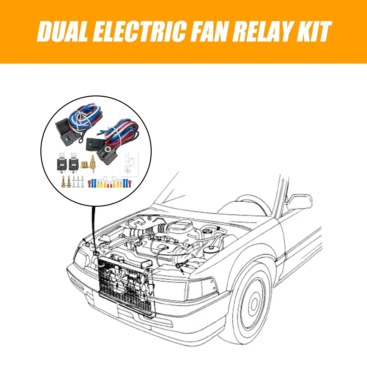 Dual Electric Fan Relay Kit with Thermostat Temperature Switch and Electric Cooling Fan Thermostat Kit 175-185 Degrees